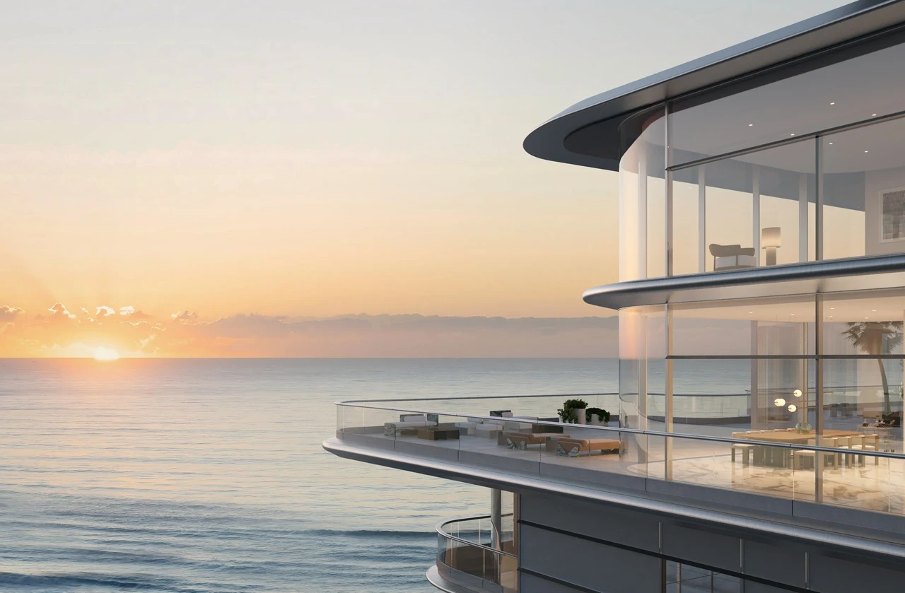 Oceanfront residence at ORLA, Dorchester Collection Dubai featuring expansive terraces, floor-to-ceiling glazing, and sunset views across the Gulf. Presented by Tohid Fetrat