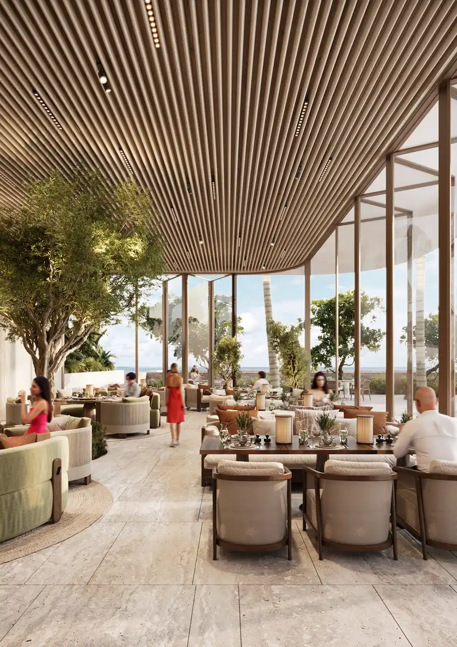 ORLA, Dorchester Collection, Dubai by OMNIYAT beach club featuring elegant dining spaces, floor to ceiling glazing, landscaped interiors, and beachfront views in Dubai. Presented by Tohid Fetrat