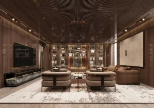 ORLA, Dorchester Collection, Dubai by OMNIYAT cigar lounge featuring premium leather seating, wood panel interiors, illuminated shelving, and a contemporary fireplace in Dubai. Presented by Tohid Fetrat