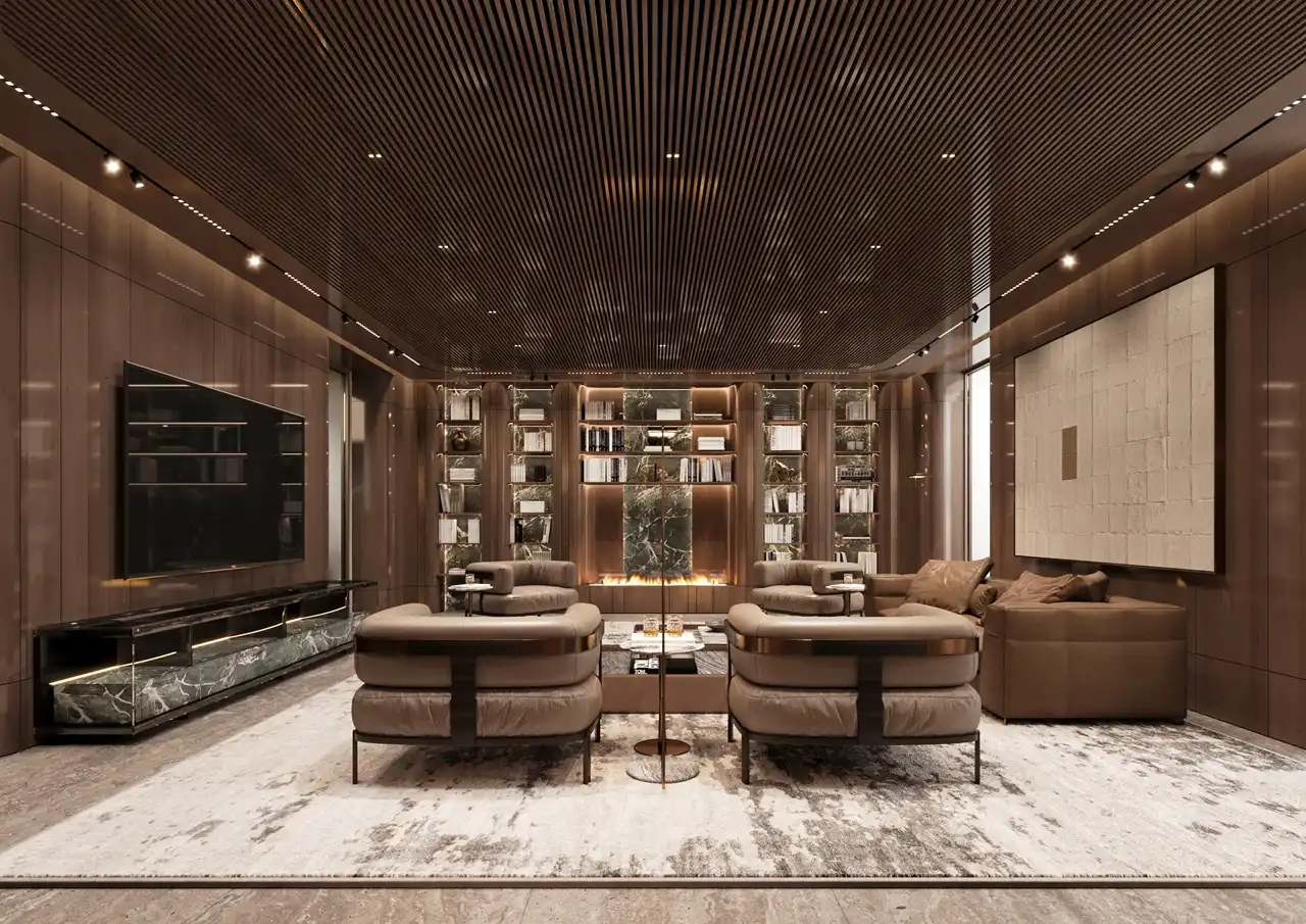 ORLA, Dorchester Collection, Dubai by OMNIYAT cigar lounge featuring premium leather seating, wood panel interiors, illuminated shelving, and a contemporary fireplace in Dubai. Presented by Tohid Fetrat