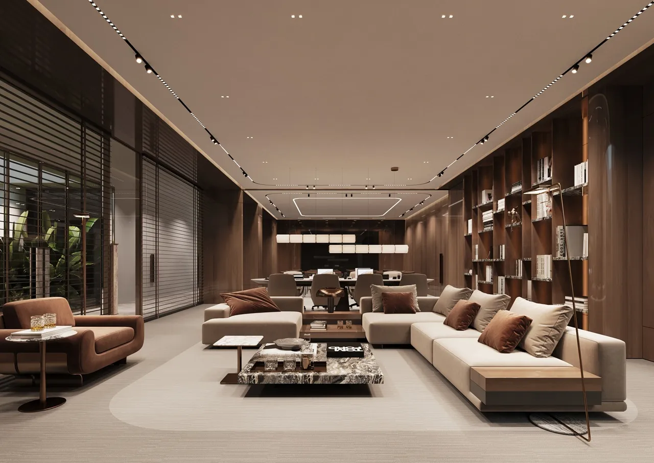 ORLA, Dorchester Collection, Dubai by OMNIYAT co working space featuring luxury lounge seating, collaborative work areas, custom shelving, and contemporary business facilities in Dubai. Presented by Tohid Fetrat