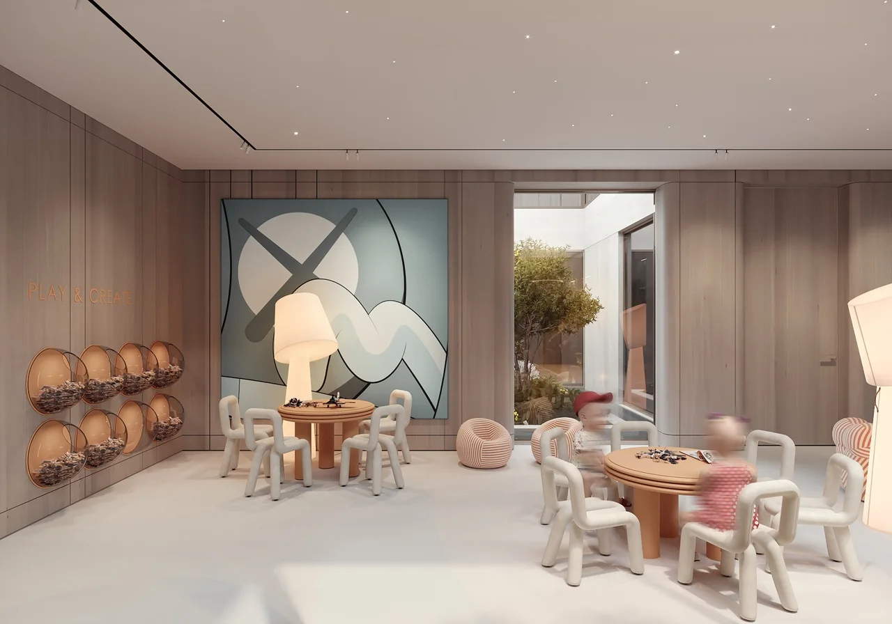 ORLA, Dorchester Collection, Dubai by OMNIYAT creative kids room featuring activity tables, designer children's furniture, interactive play areas, and a bright learning environment in Dubai. Presented by Tohid Fetrat