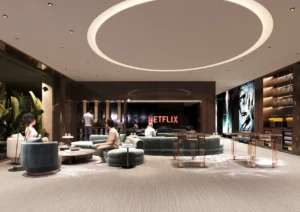 ORLA, Dorchester Collection, Dubai by OMNIYAT entertainment lounge featuring luxury seating areas, private screening facilities, refreshment stations, and contemporary social spaces in Dubai. Presented by Tohid Fetrat