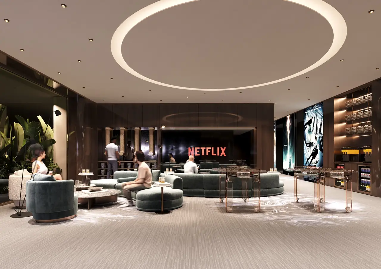 ORLA, Dorchester Collection, Dubai by OMNIYAT entertainment lounge featuring luxury seating areas, private screening facilities, refreshment stations, and contemporary social spaces in Dubai. Presented by Tohid Fetrat
