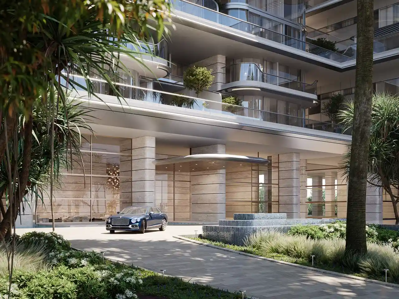 ORLA, Dorchester Collection, Dubai by OMNIYAT grand arrival entrance featuring landscaped surroundings, luxury porte cochere, contemporary architecture, and elegant lobby access in Dubai. Presented by Tohid Fetrat