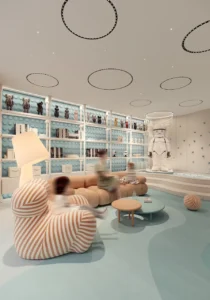 ORLA, Dorchester Collection, Dubai by OMNIYAT kids club featuring creative play areas, custom shelving, designer furnishings, interactive toys, and a family friendly environment in Dubai. Presented by Tohid Fetrat
