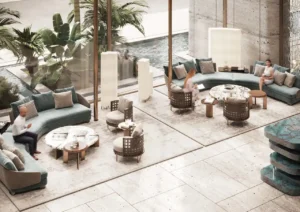 ORLA, Dorchester Collection, Dubai by OMNIYAT lobby lounge featuring luxury seating areas, floor to ceiling glazing, water features, and landscaped views in Dubai. Presented by Tohid Fetrat