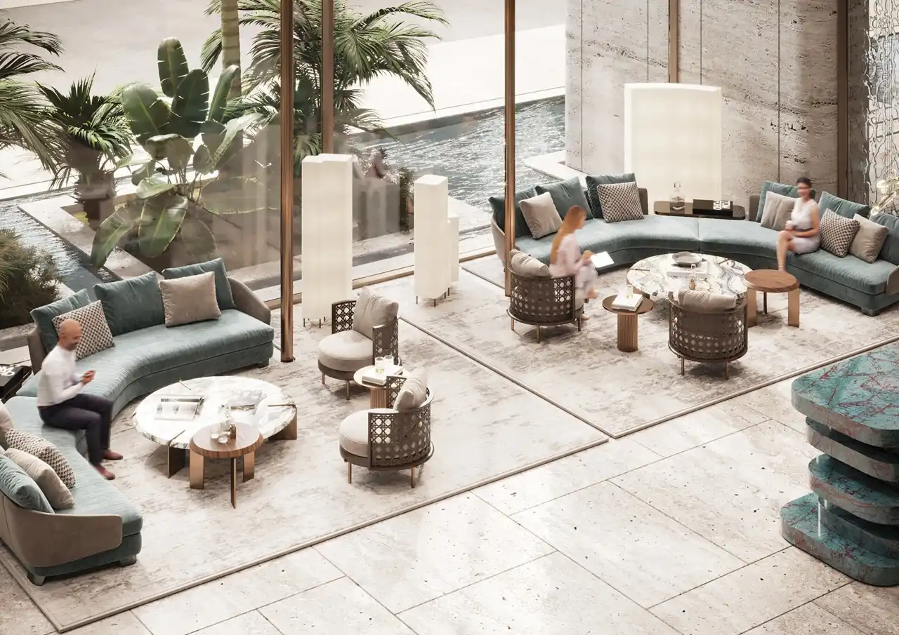 ORLA, Dorchester Collection, Dubai by OMNIYAT lobby lounge featuring luxury seating areas, floor to ceiling glazing, water features, and landscaped views in Dubai. Presented by Tohid Fetrat