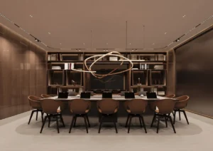 ORLA, Dorchester Collection, Dubai by OMNIYAT private boardroom featuring executive seating, custom shelving, designer lighting, and a sophisticated meeting environment in Dubai. Presented by Tohid Fetrat