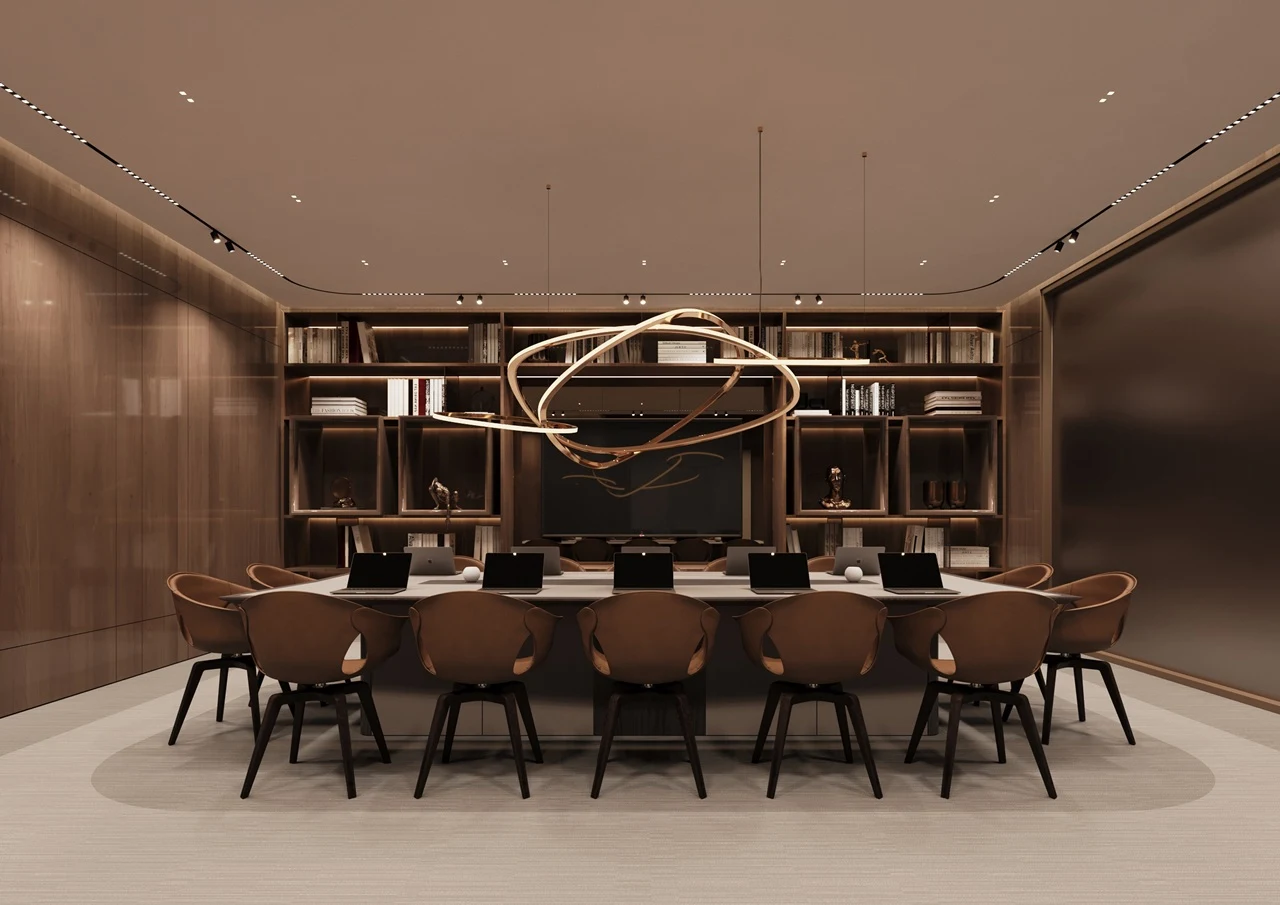 ORLA, Dorchester Collection, Dubai by OMNIYAT private boardroom featuring executive seating, custom shelving, designer lighting, and a sophisticated meeting environment in Dubai. Presented by Tohid Fetrat
