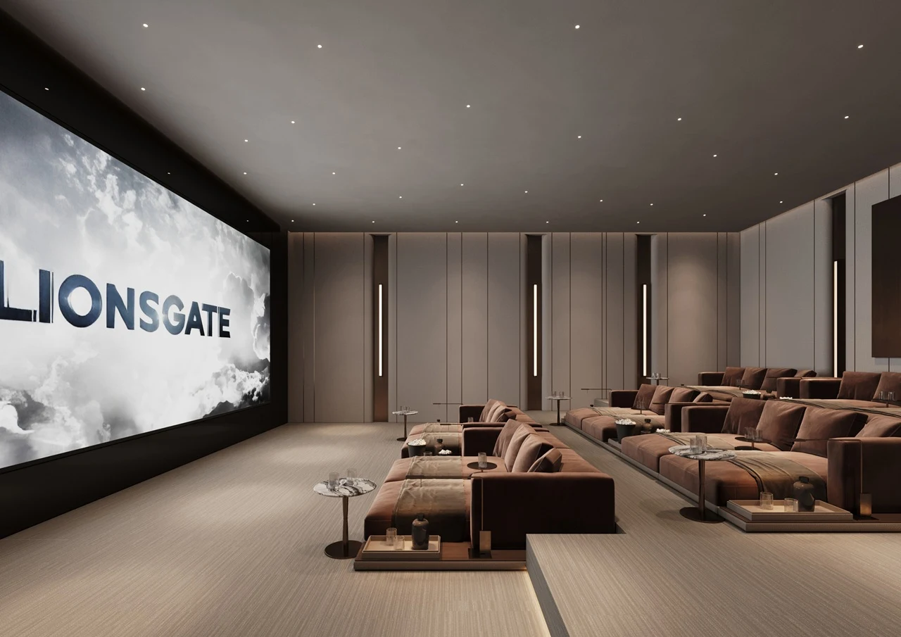 ORLA, Dorchester Collection, Dubai by OMNIYAT private cinema featuring luxury reclining seating, large projection screen, ambient lighting, and an exclusive entertainment environment in Dubai. Presented by Tohid Fetrat