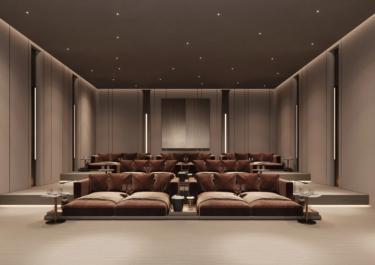 ORLA, Dorchester Collection, Dubai by OMNIYAT private cinema lounge featuring luxury reclining seating, tiered viewing arrangement, ambient lighting, and an exclusive entertainment setting in Dubai. Presented by Tohid Fetrat