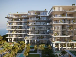 ORLA, Dorchester Collection, Dubai by OMNIYAT contemporary beachfront residences with cascading terraces, glass facades, landscaped balconies, and luxury outdoor spaces in Dubai. Presented by Tohid Fetrat