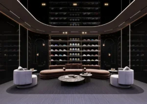 ORLA, Dorchester Collection, Dubai by OMNIYAT sports lounge featuring designer seating, curated sports equipment displays, ambient lighting, and luxury social spaces in Dubai. Presented by Tohid Fetrat