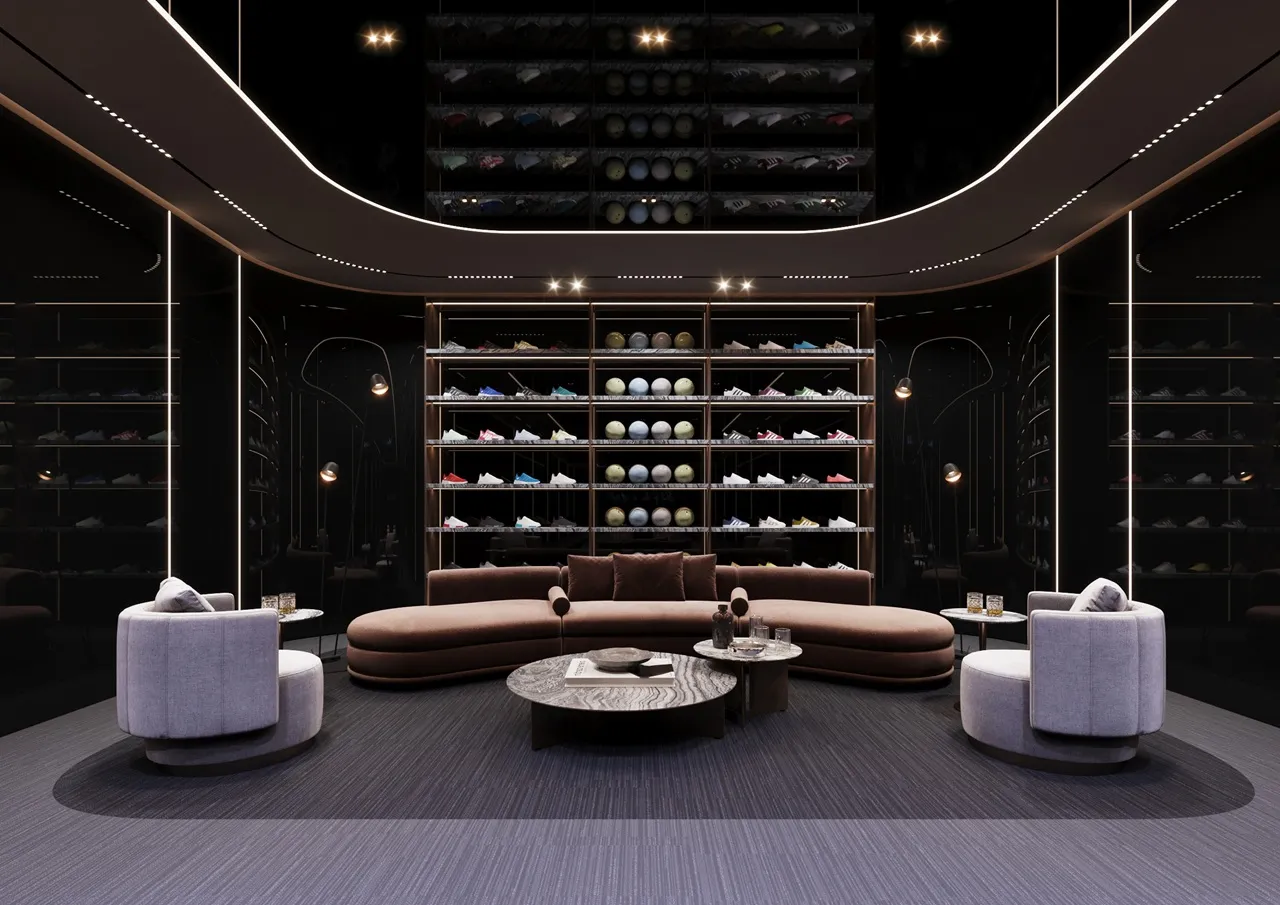 ORLA, Dorchester Collection, Dubai by OMNIYAT sports lounge featuring designer seating, curated sports equipment displays, ambient lighting, and luxury social spaces in Dubai. Presented by Tohid Fetrat