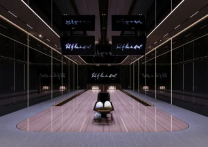 Private bowling lounge at ORLA, Dorchester Collection, Dubai featuring luxury entertainment amenities, designer interiors, private leisure facilities, and exclusive resident experiences. Presented by Tohid Fetrat