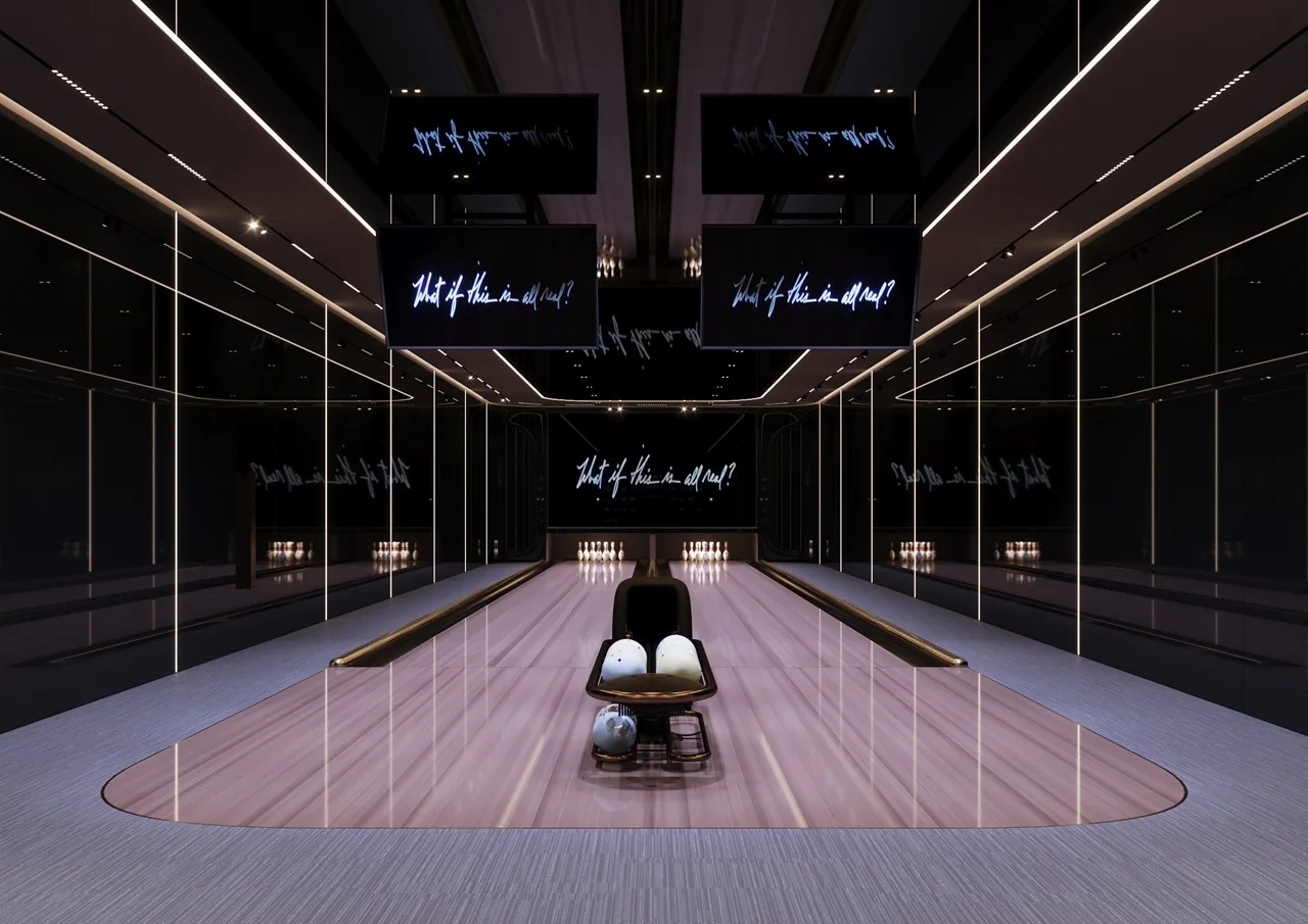 Private bowling lounge at ORLA, Dorchester Collection, Dubai featuring luxury entertainment amenities, designer interiors, private leisure facilities, and exclusive resident experiences. Presented by Tohid Fetrat