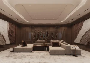 Private residents lounge at ORLA, Dorchester Collection, Dubai featuring luxury interiors, curated artwork, social gathering spaces, and exclusive resident amenities. Presented by Tohid Fetrat