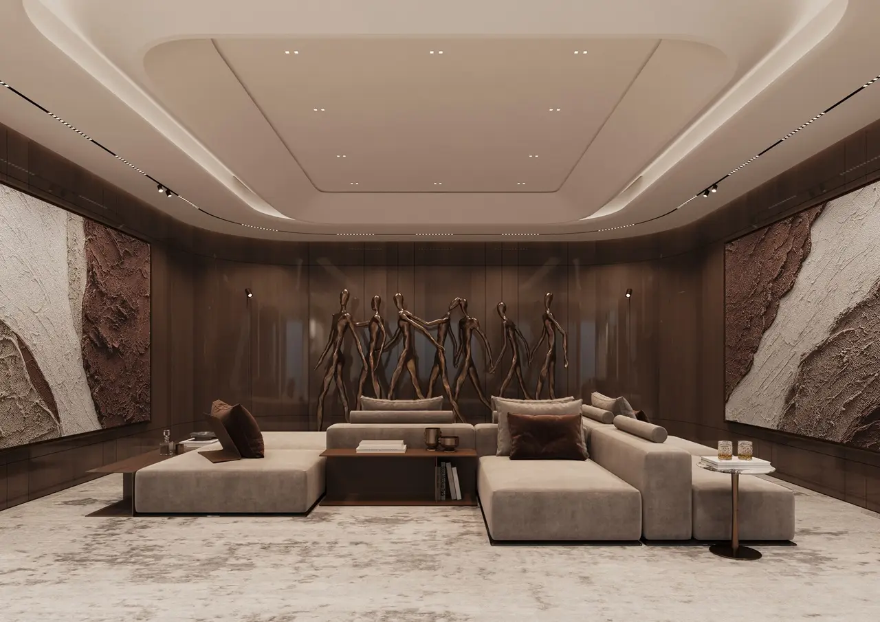 Private residents lounge at ORLA, Dorchester Collection, Dubai featuring luxury interiors, curated artwork, social gathering spaces, and exclusive resident amenities. Presented by Tohid Fetrat