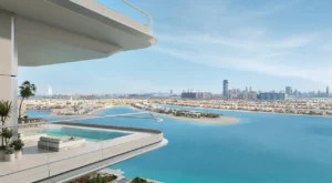 Private sky terrace pool at ORLA, Dorchester Collection, Dubai overlooking Palm Jumeirah, the Gulf, Burj Al Arab, and Dubai skyline. Presented by Tohid Fetrat