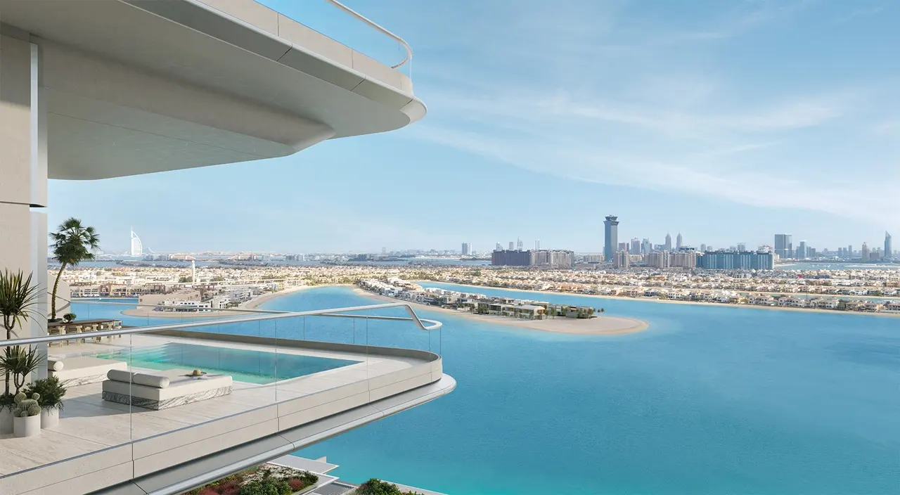 Private sky terrace pool at ORLA, Dorchester Collection, Dubai overlooking Palm Jumeirah, the Gulf, Burj Al Arab, and Dubai skyline. Presented by Tohid Fetrat