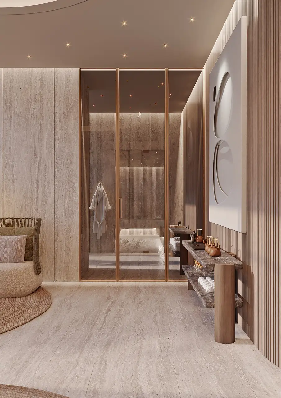 Private spa treatment suite at ORLA, Dorchester Collection Dubai featuring luxury wellness interiors, natural stone finishes, relaxation space, and premium spa facilities. Presented by Tohid Fetrat