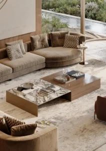 Elegant residents lounge seating area at ORLA, Dorchester Collection Dubai featuring bespoke furnishings, marble accents, landscaped water views, and luxury hospitality design. Presented by Tohid Fetrat