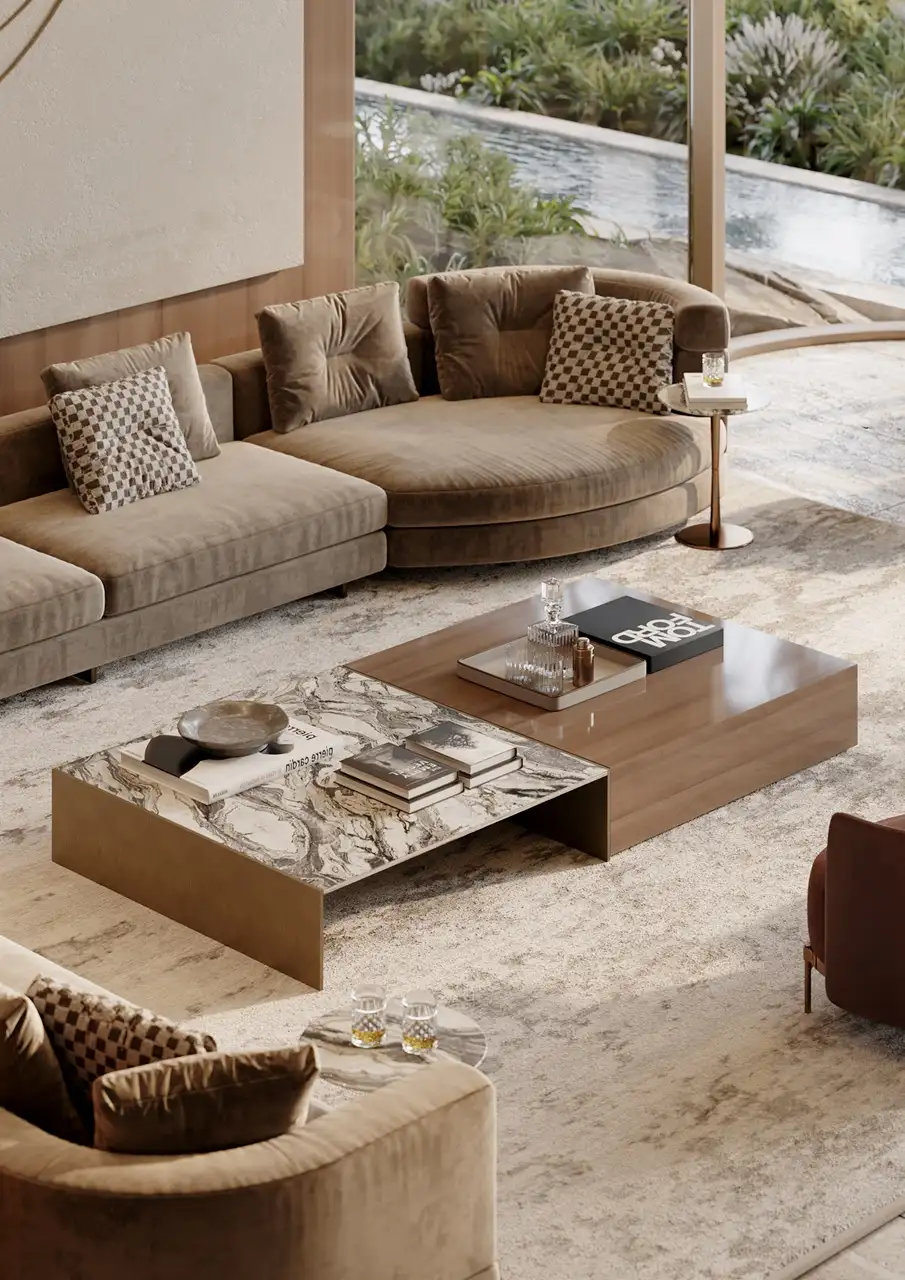 Elegant residents lounge seating area at ORLA, Dorchester Collection Dubai featuring bespoke furnishings, marble accents, landscaped water views, and luxury hospitality design. Presented by Tohid Fetrat