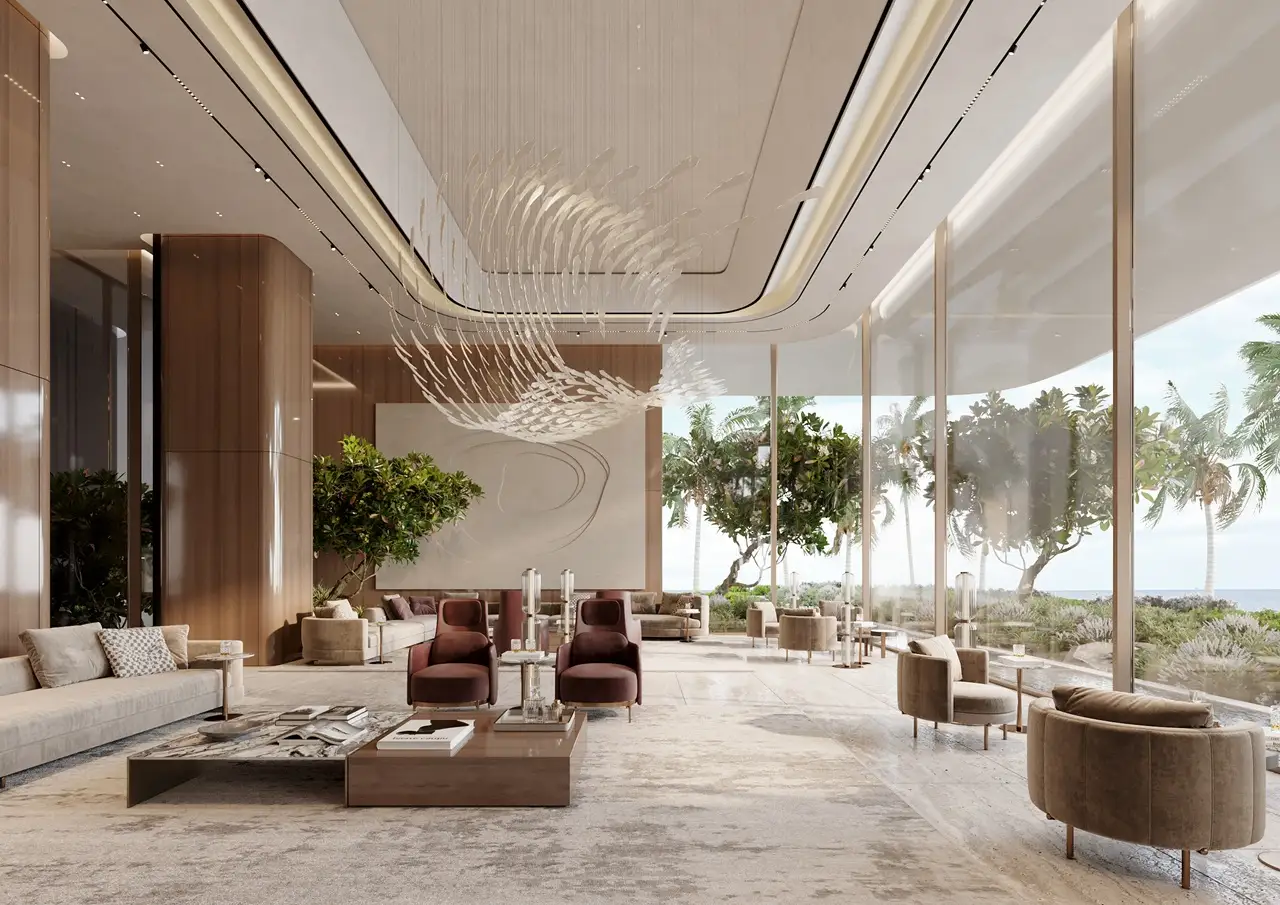 Signature lobby lounge at ORLA, Dorchester Collection Dubai featuring floor-to-ceiling glass, bespoke furnishings, landscaped views, and ultra-luxury hospitality-inspired interiors. Presented by Tohid Fetrat