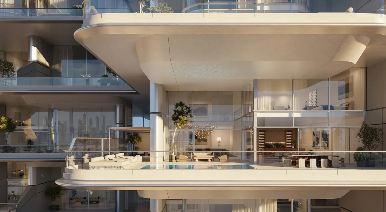 Ultra-luxury residence terrace with private pool at ORLA, Dorchester Collection, Dubai featuring expansive indoor-outdoor living and panoramic waterfront views. Presented by Tohid Fetrat