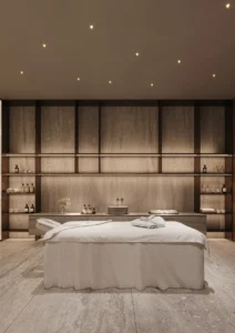 Luxury spa treatment room at ORLA, Dorchester Collection Dubai featuring private wellness facilities, premium interiors, massage treatment space, and tranquil relaxation surroundings. Presented by Tohid Fetrat