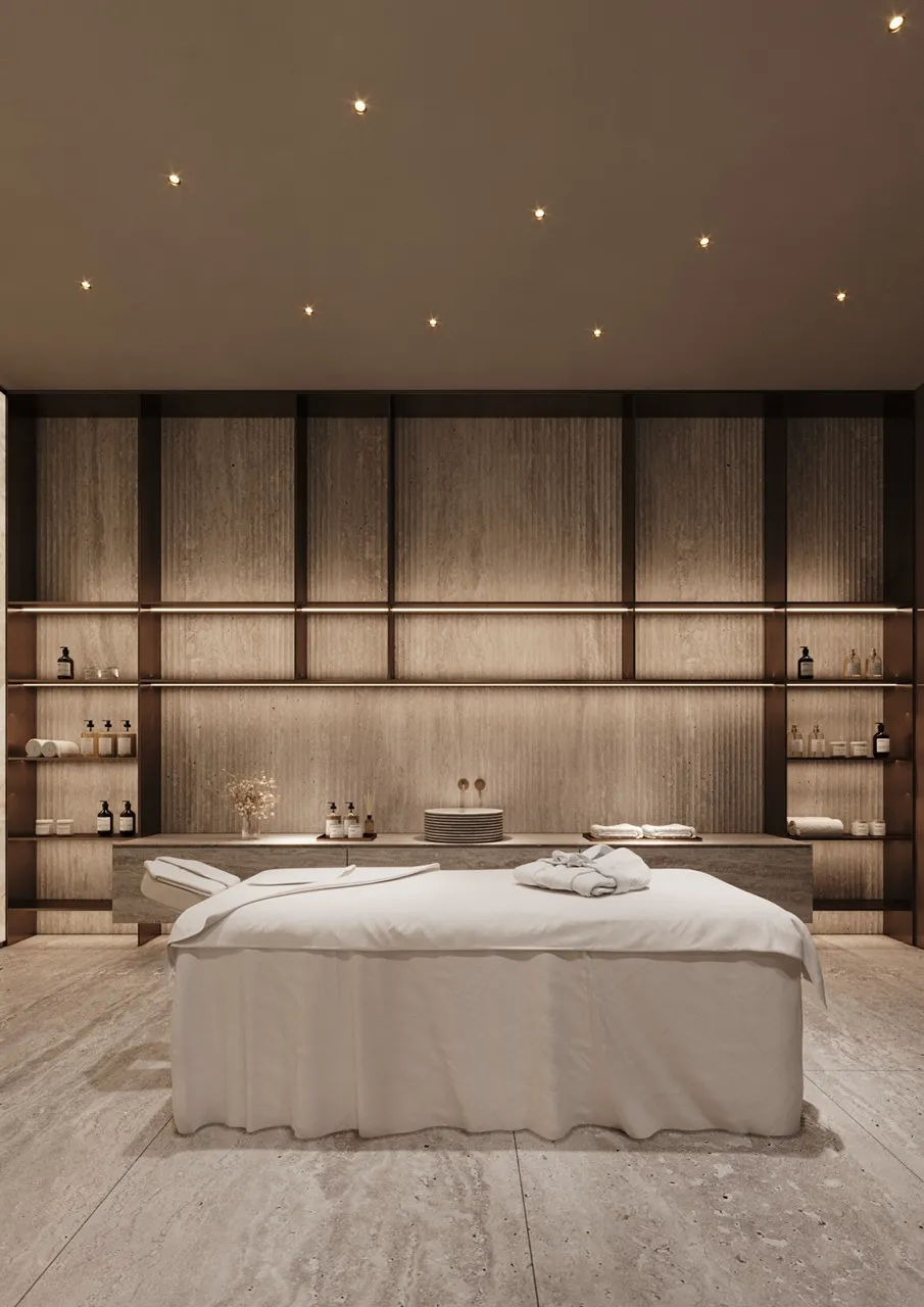 Luxury spa treatment room at ORLA, Dorchester Collection Dubai featuring private wellness facilities, premium interiors, massage treatment space, and tranquil relaxation surroundings. Presented by Tohid Fetrat