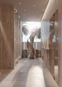 Luxury spa and wellness suite at ORLA, Dorchester Collection Dubai featuring tranquil interiors, private treatment spaces, natural materials, and resort-inspired relaxation areas. Presented by Tohid Fetrat