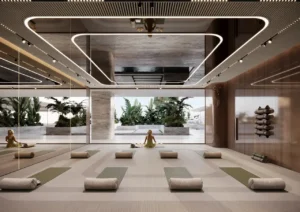 Yoga and wellness studio at ORLA, Dorchester Collection Dubai featuring meditation spaces, fitness amenities, tropical garden views, and luxury wellness facilities. Presented by Tohid Fetrat