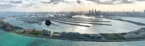 Aerial location overview of ORLA, Dorchester Collection on Palm Jumeirah, showcasing beachfront positioning, Palm fronds, Atlantis, Dubai Marina skyline, and Gulf views. Presented by Tohid Fetrat