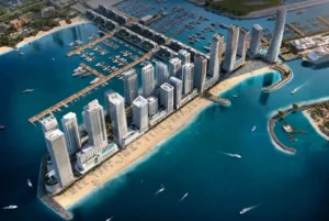 Palace by the Beach at Emaar Beachfront by Emaar aerial masterplan view of the waterfront community and marina in Dubai Presented by Tohid Fetrat