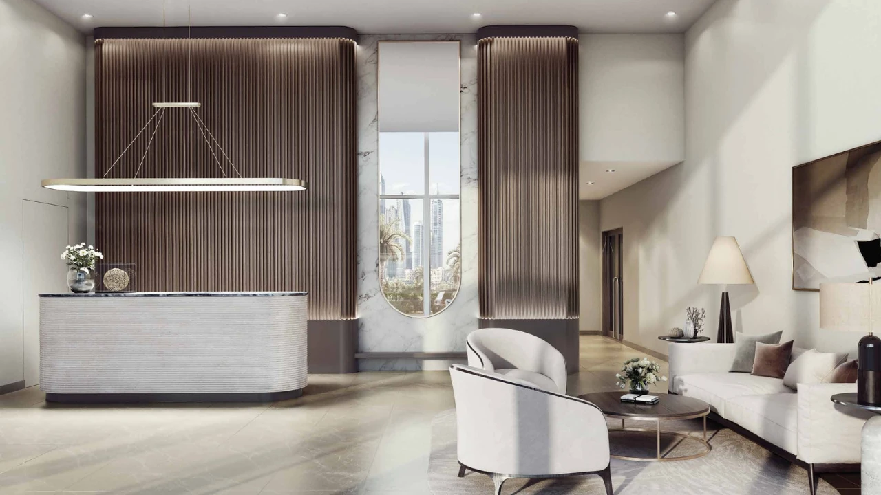 Palace by the Beach at Emaar Beachfront by Emaar luxury residential lobby with elegant reception area and contemporary interior design in Dubai Presented by Tohid Fetrat