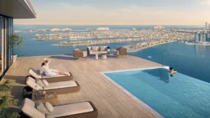 Palace by the Beach at Emaar Beachfront by Emaar private pool terrace with panoramic Palm Jumeirah and Gulf views in Dubai Presented by Tohid Fetrat