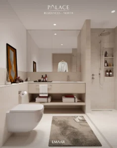 Palace Residences North at Dubai Creek Harbour by Emaar Properties contemporary luxury bathroom interior with walk in shower and premium finishes in Dubai Presented by Tohid Fetrat