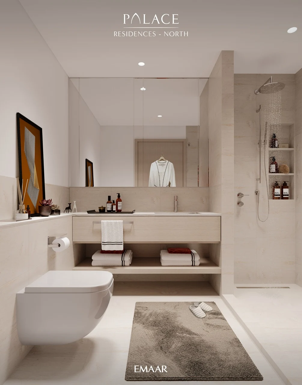 Palace Residences North at Dubai Creek Harbour by Emaar Properties contemporary luxury bathroom interior with walk in shower and premium finishes in Dubai Presented by Tohid Fetrat