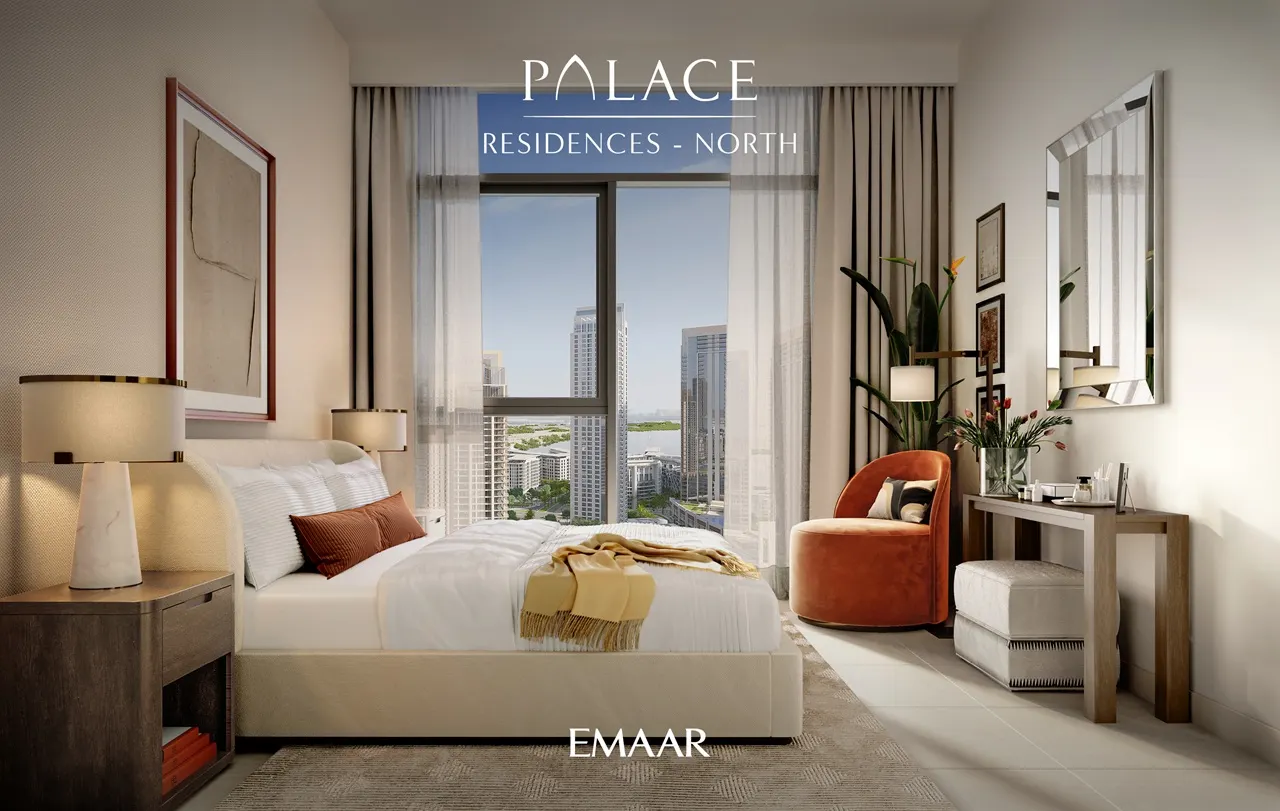 Palace Residences North at Dubai Creek Harbour by Emaar Properties contemporary bedroom interior with floor to ceiling windows and skyline views in Dubai Presented by Tohid Fetrat