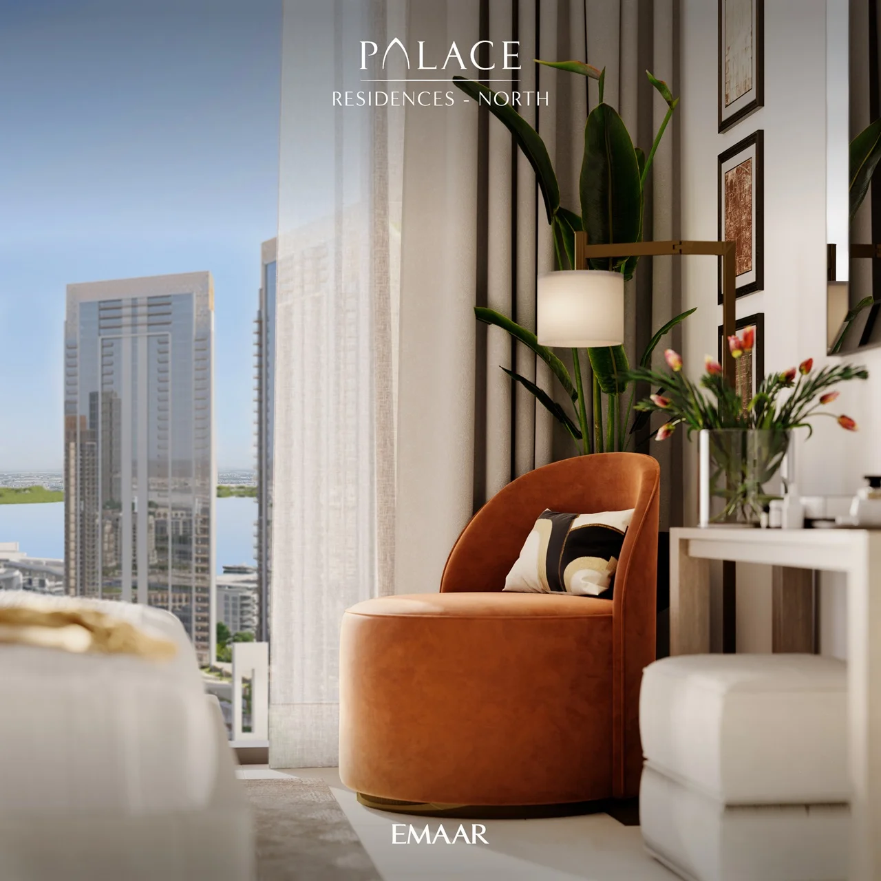 Palace Residences North at Dubai Creek Harbour by Emaar Properties elegant bedroom reading corner with designer chair and skyline views in Dubai Presented by Tohid Fetrat