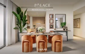 Palace Residences North at Dubai Creek Harbour by Emaar Properties contemporary dining room with open kitchen and elegant interior design in Dubai Presented by Tohid Fetrat
