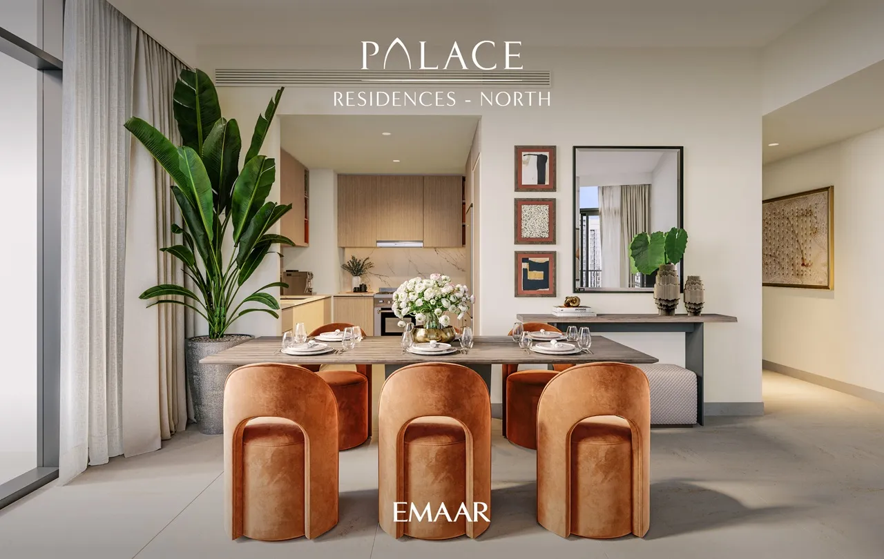 Palace Residences North at Dubai Creek Harbour by Emaar Properties contemporary dining room with open kitchen and elegant interior design in Dubai Presented by Tohid Fetrat