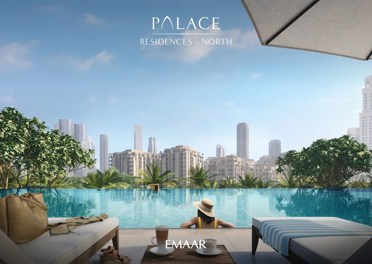 Palace Residences North at Dubai Creek Harbour by Emaar Properties infinity swimming pool with skyline views in Dubai Presented by Tohid Fetrat