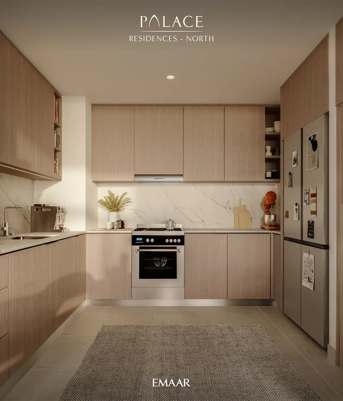 Palace Residences North at Dubai Creek Harbour by Emaar Properties contemporary kitchen interior with premium cabinetry and integrated appliances in Dubai Presented by Tohid Fetrat