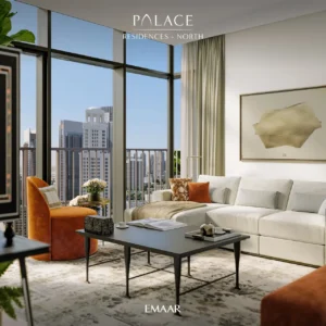 Palace Residences North at Dubai Creek Harbour by Emaar Properties contemporary living room with floor to ceiling windows and city views in Dubai Presented by Tohid Fetrat