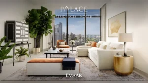 Palace Residences North at Dubai Creek Harbour by Emaar Properties contemporary living room interior with floor to ceiling windows and skyline views in Dubai Presented by Tohid Fetrat