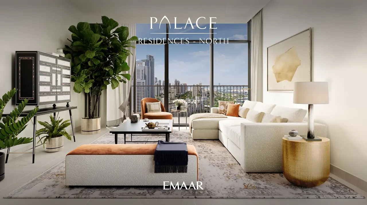 Palace Residences North at Dubai Creek Harbour by Emaar Properties contemporary living room interior with floor to ceiling windows and skyline views in Dubai Presented by Tohid Fetrat