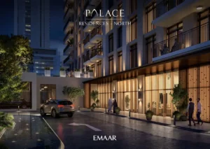 Palace Residences North at Dubai Creek Harbour by Emaar Properties illuminated residential entrance and elegant façade at night in Dubai Presented by Tohid Fetrat
